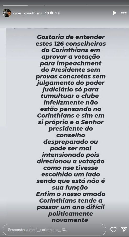 Dinei posta mensagem em apoio ao presidente do Corinthians, Augusto Melo