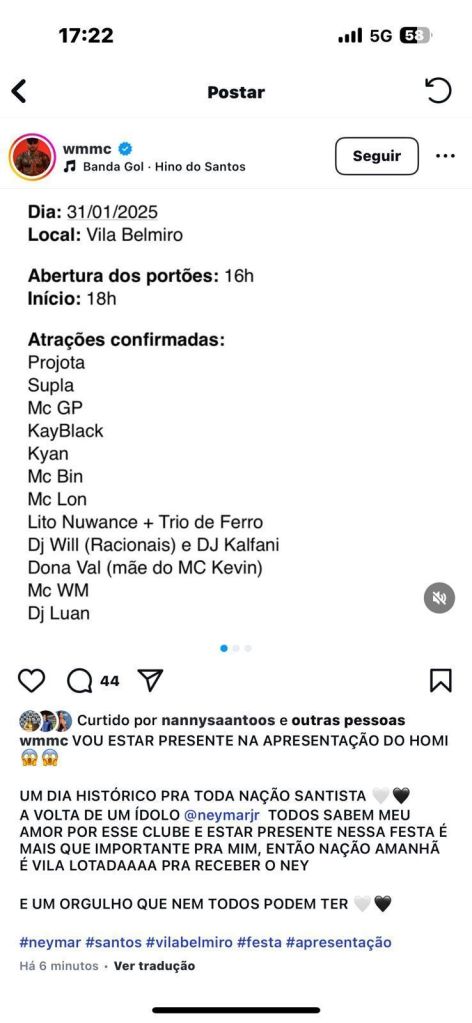 WM MC vazou a programaçõ da festa de apresentação de Neymar no Santos