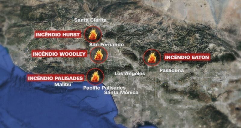 Mapa mostra os quatro incêndios que atingem o condado de Los Angeles, California, EUA.