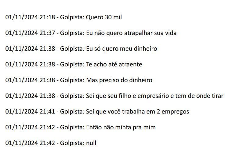 Mensagens enviadas por golpistas a vítima em Pernambuco