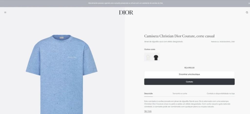 Camisa que Dudu usou à venda por R$ 6.900 no site da Dior