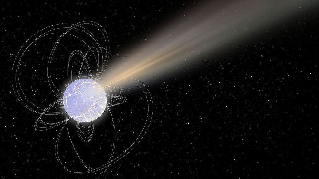 Uma ilustração artística retrata ondas de rádio e raios X sendo liberados de um magnetar, um remanescente estelar altamente magnetizado. Os magnetares são a provável fonte de muitas explosões rápidas de rádio