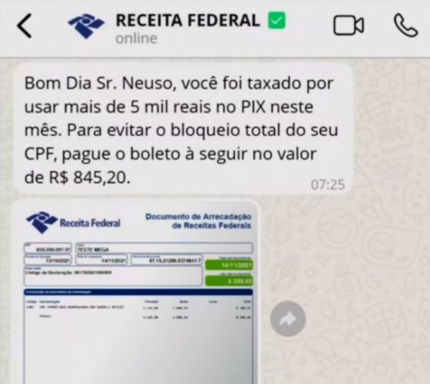 Print da tentativa de golpe sobre o Pix de R$ 5 mil