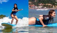 Letícia Spiller exibe fotos surfando: "Continuo gostando da brincadeira"