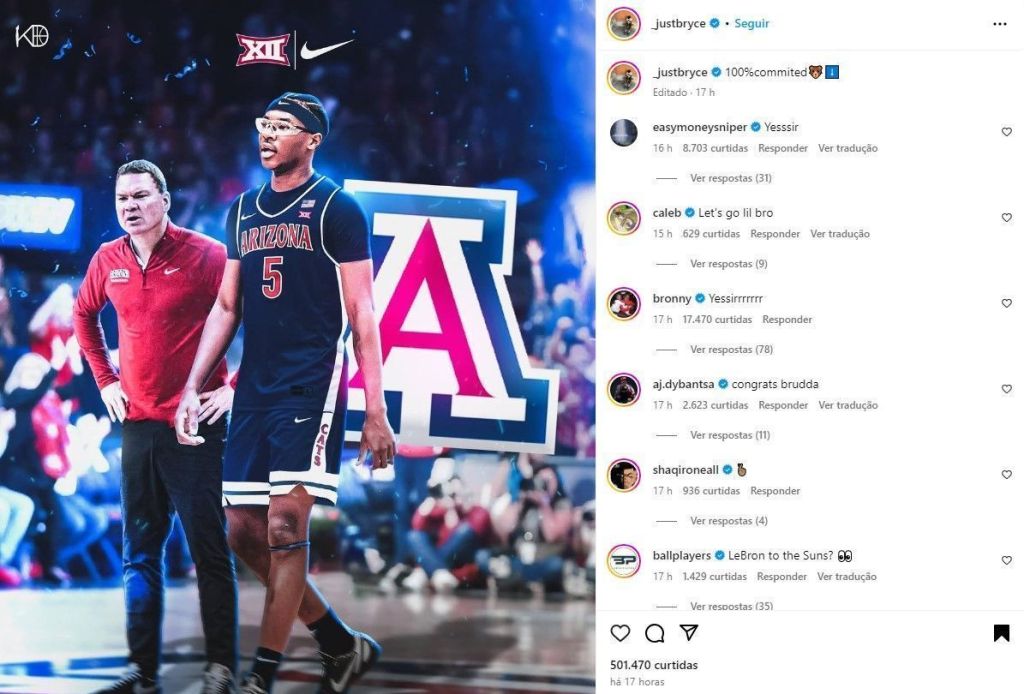 Bryce James anunciou que defenderá a Universidade do Arizona