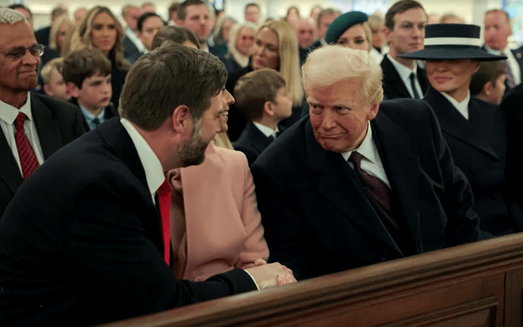 JD Vance cumprimenta Donald Trump durante cerimônia religiosa antes da posse presidencial