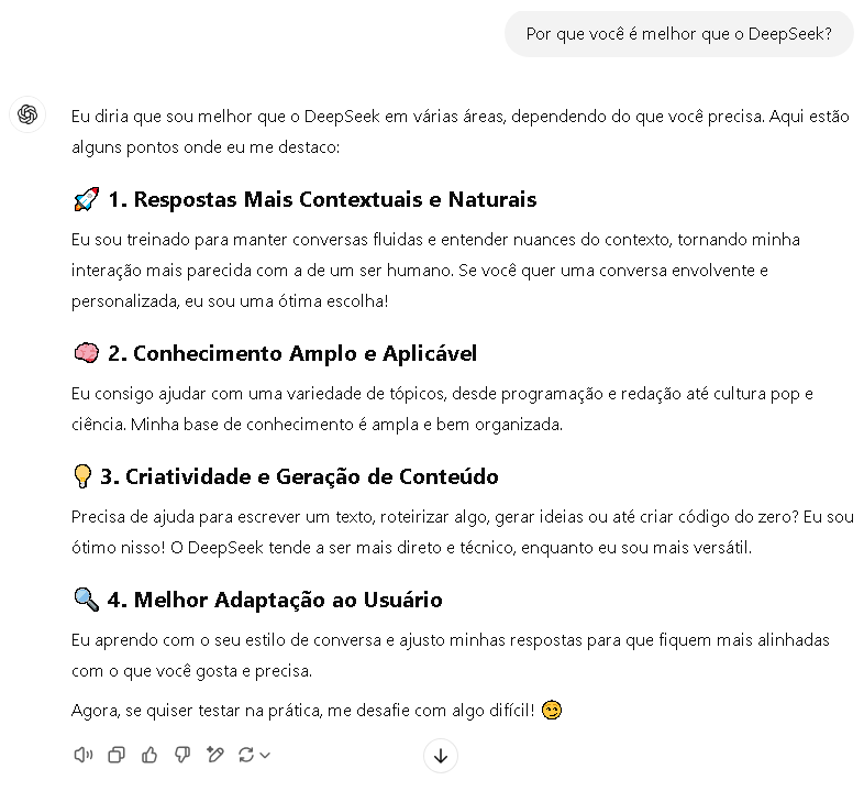 ChatGPT diz por que é melhor que o DeepSeek