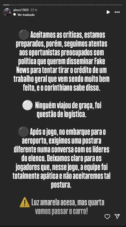 Presidente da Gaviões da Fiel, Alexandre Domênico, se pronuncia após cobrança ao elenco corintiano