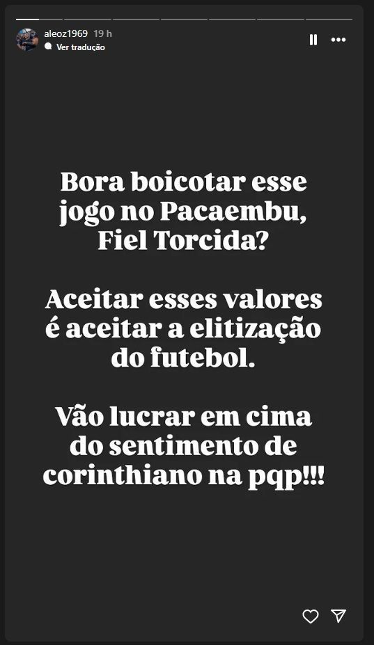 Presidente de torcida do Corinthians pede boicote à partida contra a Portuguesa no Pacaembu