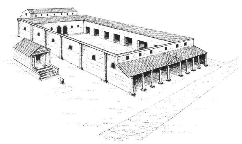 Desenho mostrando como o fórum teria sido durante a época romana