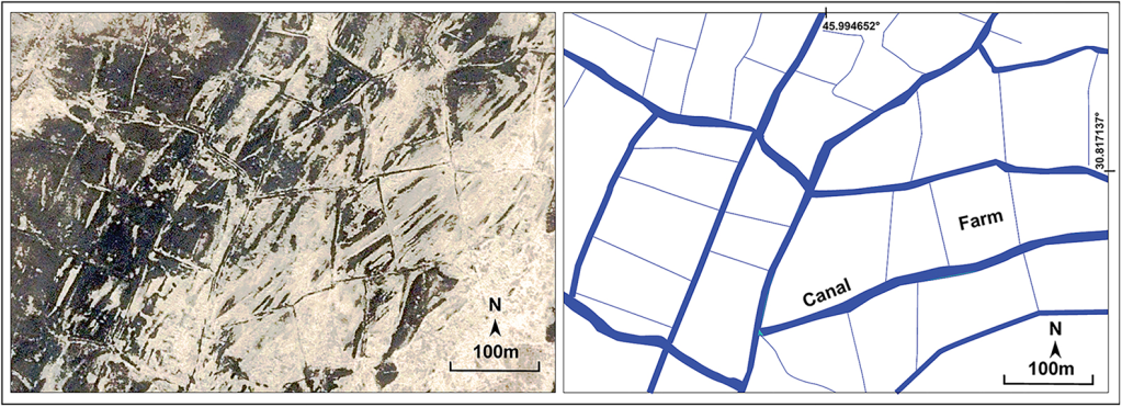 Exemplo de fazendas intensivas e canais de irrigação na região de Eridu: à esquerda) imagem de satélite Digital Globe de alta resolução tirada em 2006; à direita) os canais e fazendas reconstruídos