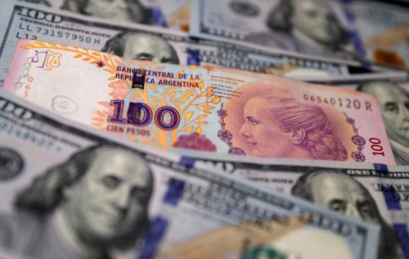A taxa de câmbio oficial do peso, próxima a 819 pesos por dólar, desvalorizada acentuadamente no mês passado, é sustentada por controles rígidos de capital