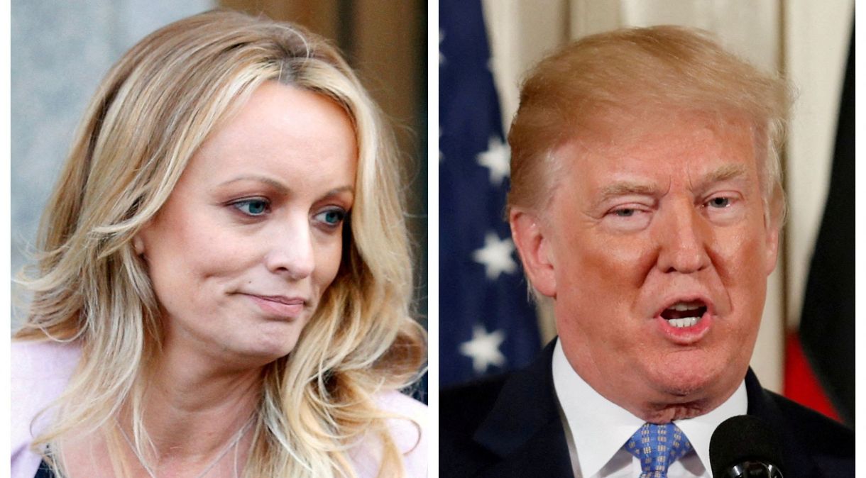 Combinação de fotos de Stormy Daniels e Donald Trump