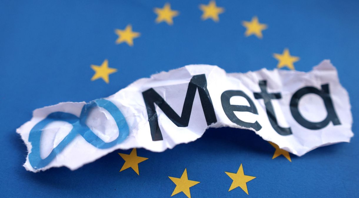 Ilustração mostra bandeira da UE e logo da Meta