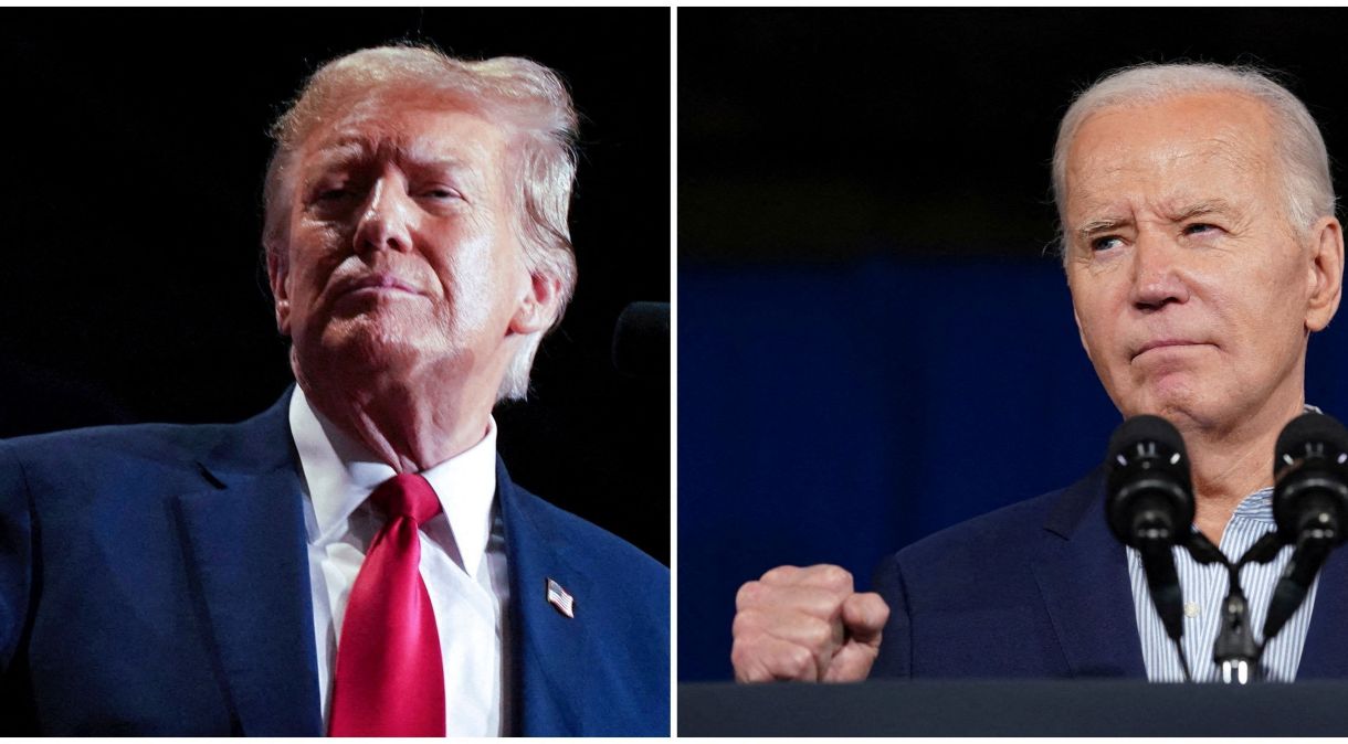 Combinação de fotos de Trump e Biden em eventos de campanha