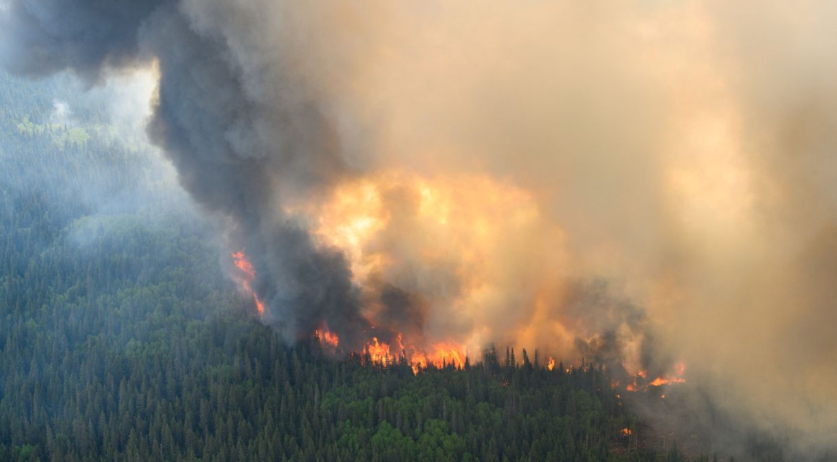 Fumaça ascende com incêndio em floresta no Quebec, Canadá