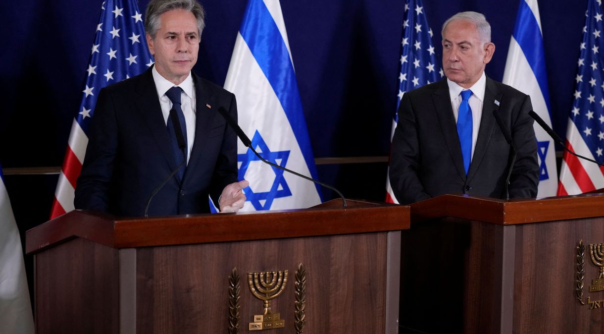 Secretário de Estado dos EUA, Antony Blinken, e primeiro-ministro de Israel, Benjamin Netanyahu, fazem pronunciamento após se reunirem em Tel Aviv