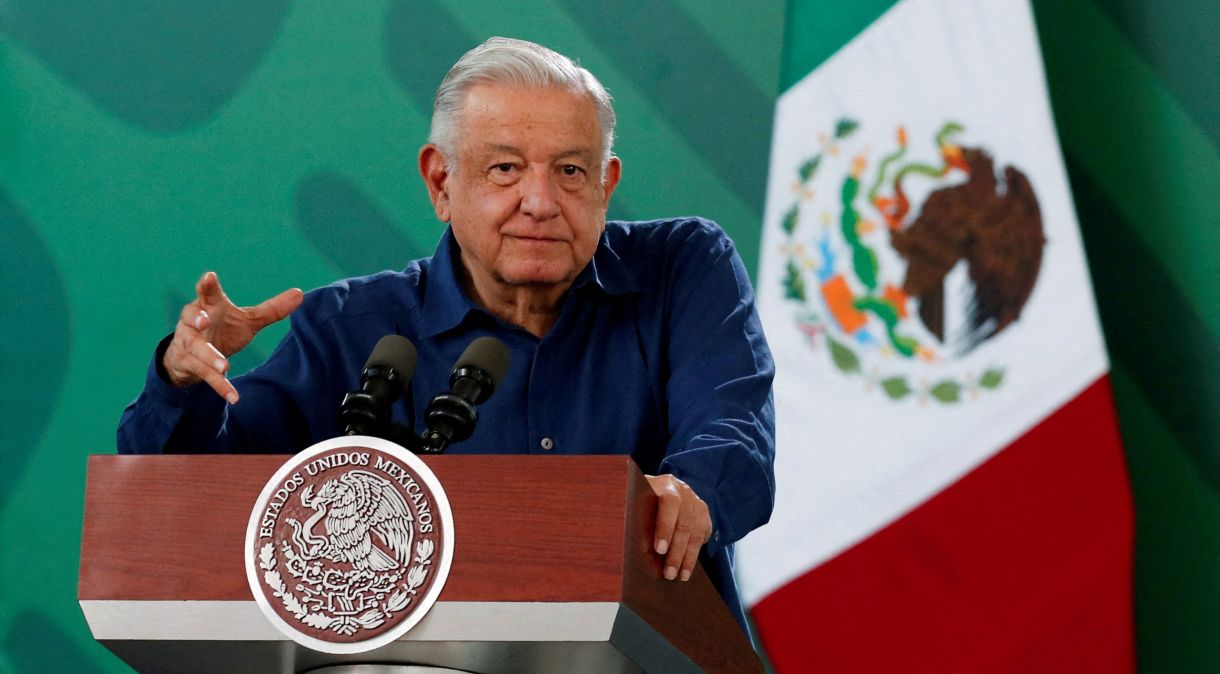 O presidente do México, Andrés Manuel López Obrador, fala durante coletiva de imprensa diária, em Acapulco, México