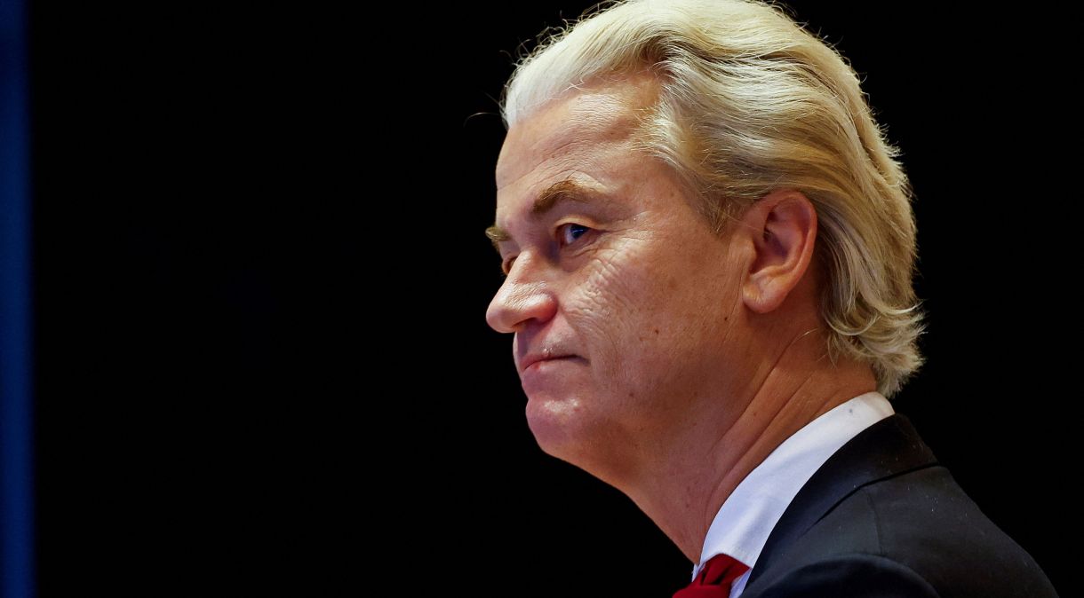 Líder de extrema direita do partido holandês PVV, Geert Wilders, em evento em Haia, Holanda
